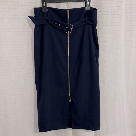 Ted Baker XL (5) Navy Kaara Midi Front Zip High Waist Belted Pencil Skirt - Picture 5 of 14